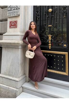 Olbia Kadın Kahve Yüksek Bel Dökümlü Midi Etek