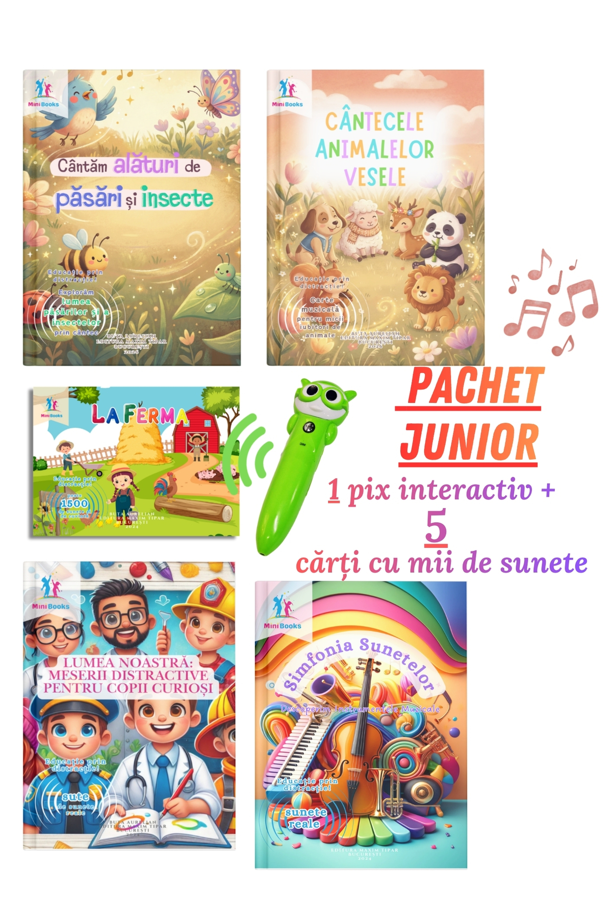 minibooks Pix Interactiv + 5 Cărți cu Sunete și Cântece 3–5 Ani