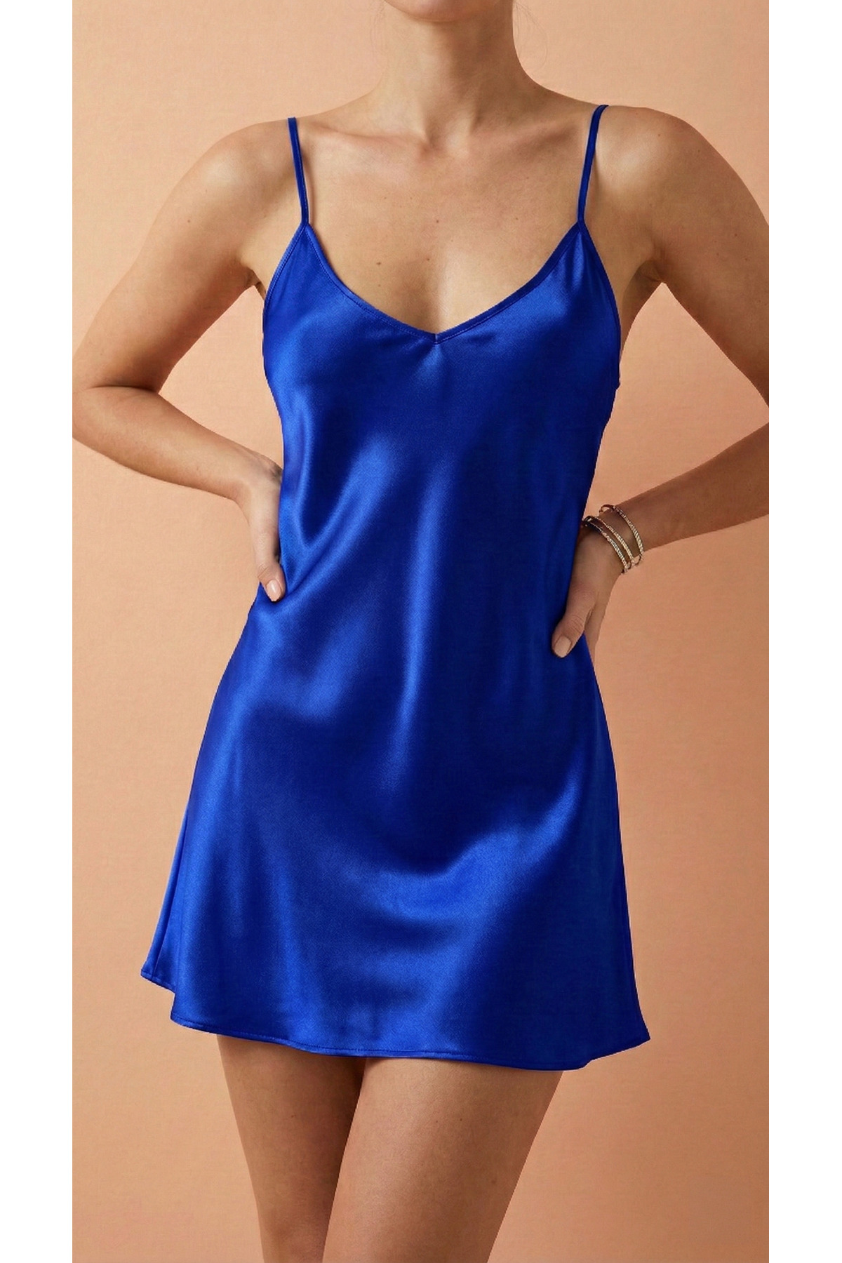 GIONA Kadın Saks Mavisi Saten Gecelik