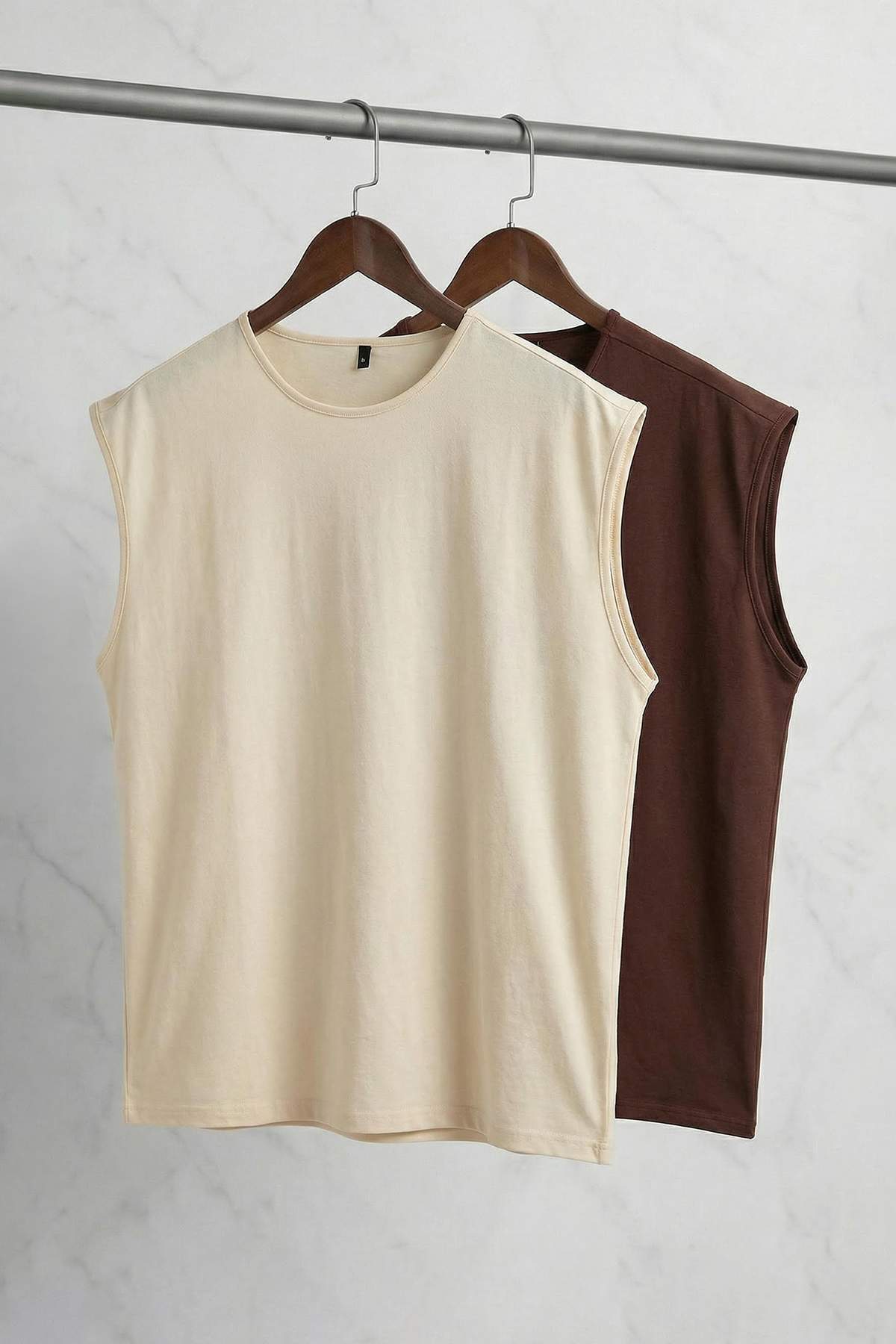 Trendyolmilla Man Basic Taş-Kahverengi 2'li Paket Oversize/Geniş Kesim Pamuklu Kolsuz T-Shirt/Atlet TMNSS22AL0070