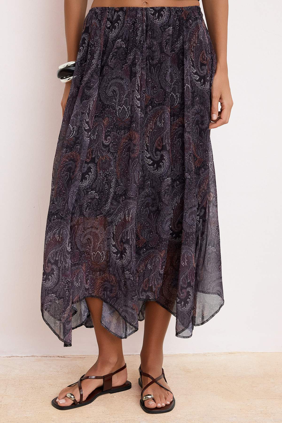 Trendyolmilla  Renkli Şal Desenli Asimetrik Kesim Astarlı Midi Şifon Etek TWOSS26ET00049 - Görsel 3