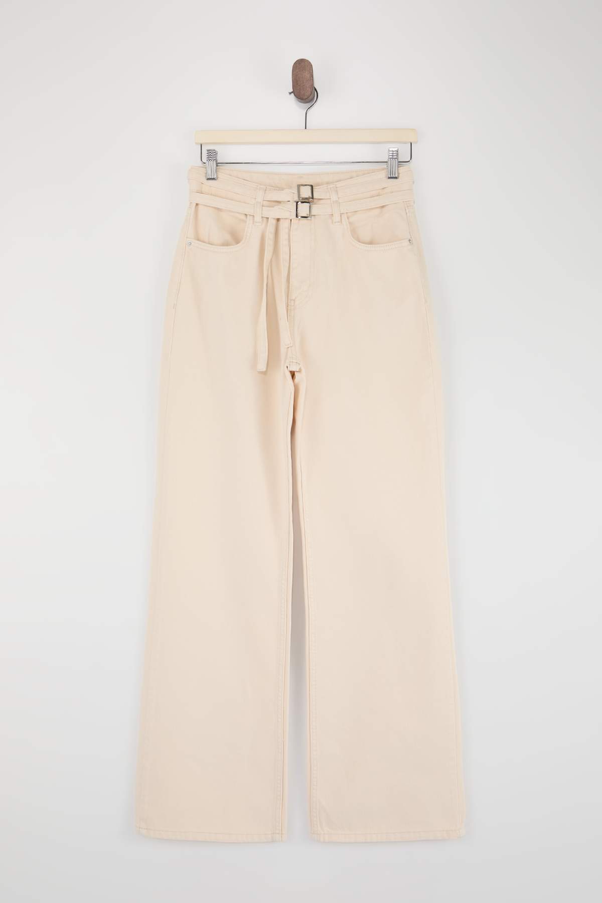 Trendyolmilla  Ekru Yüksek Bel Kemer Detaylı Wide Leg Jeans TWOAW26JE00164 - Görsel 5