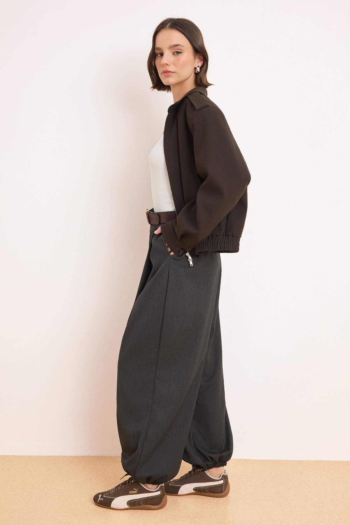 Trendyolmilla  Antrasit Yüksek Bel Dokuma Şalvar Pantolon TWOAW26PL00169 - Görsel 3