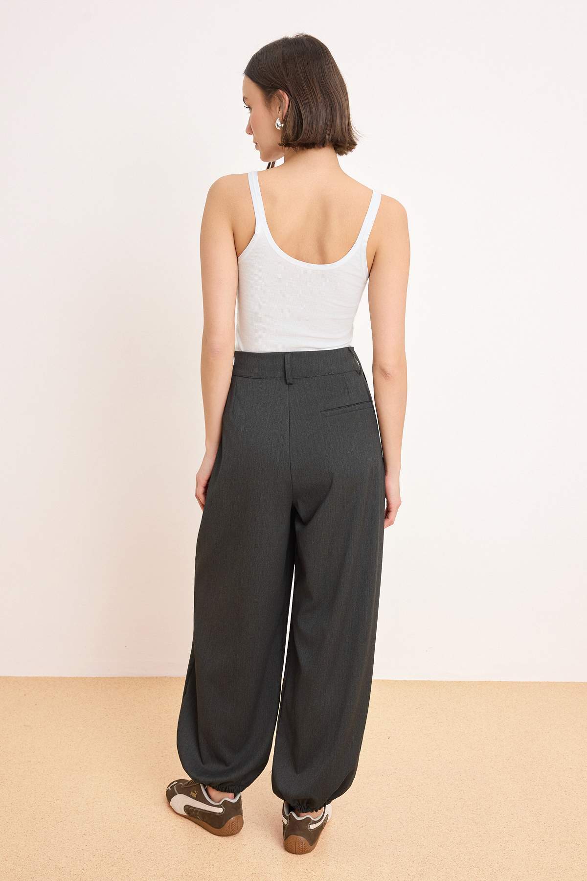 Trendyolmilla  Antrasit Yüksek Bel Dokuma Şalvar Pantolon TWOAW26PL00169 - Görsel 5