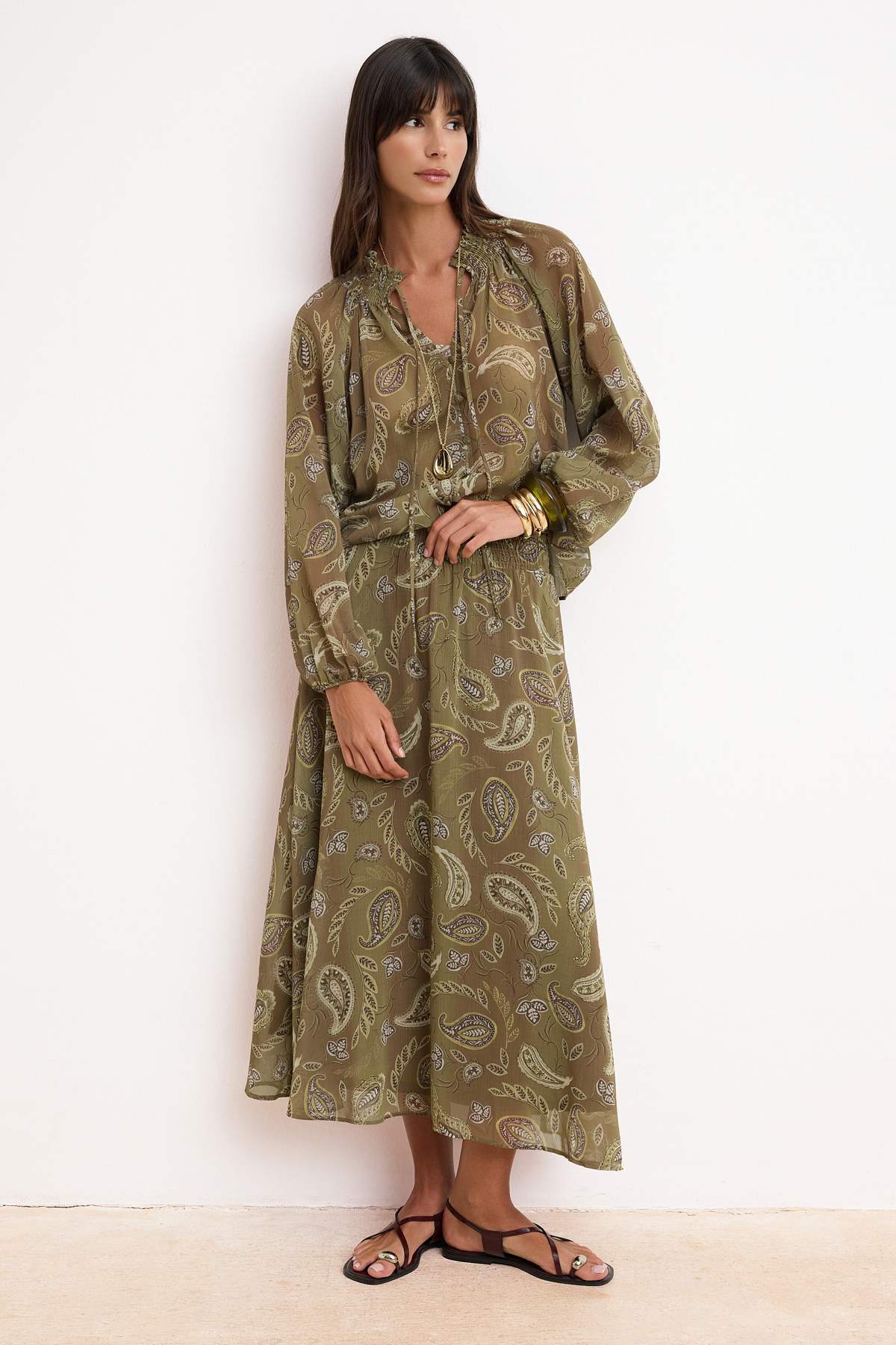 Trendyolmilla  Haki Renkli Şifon Etnik Desenli Astarlı Maxi Uzun Etek TWOSS26ET00050