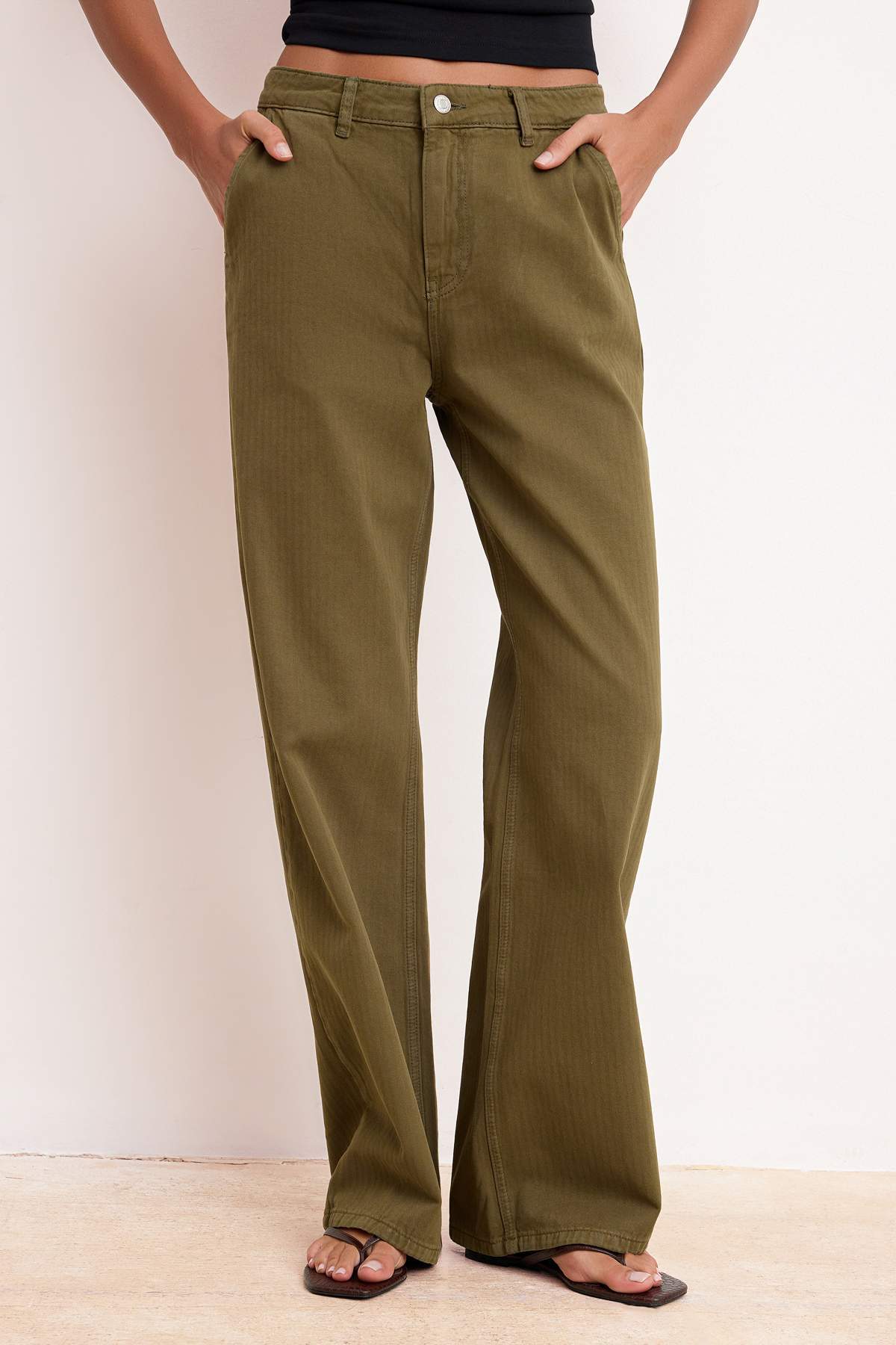 Trendyolmilla  Haki DÖKÜMLÜ Yüksek Bel %100 Pamuk Wide Leg Jeans TWOSS26JE00014 - Görsel 3