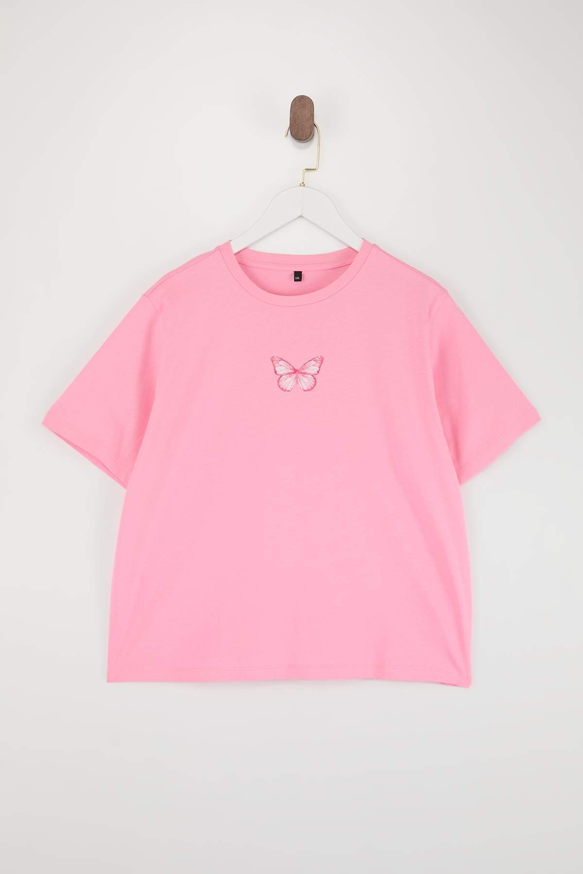 Trendyolmilla Curve Pembe Bisiklet Yaka Nakışlı Crop Örme Büyük beden T-shirt TBBSS25BF00015