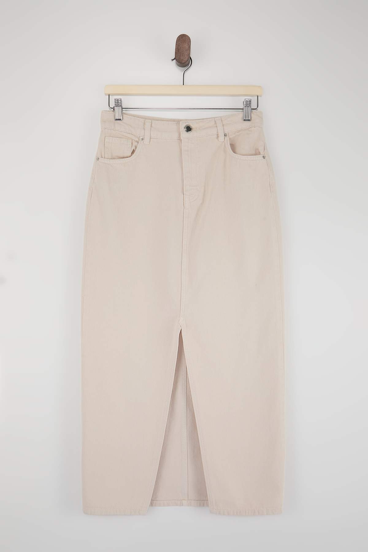 Trendyolmilla  Ekru DÖKÜMLÜ Yırtmaçlı %100 Pamuk Midi Denim Etek TWOSS26ET00094 - Görsel 5