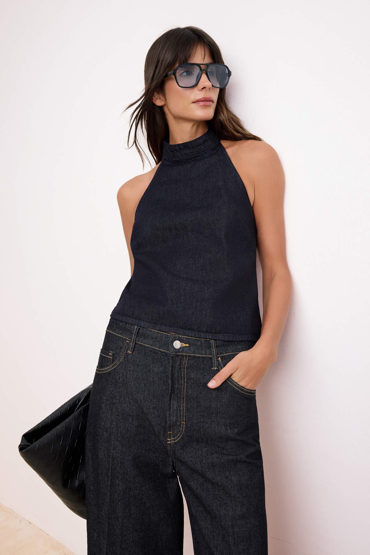 Trendyolmilla  Koyu Mavi Halter Yaka Denim Bluz TWOSS26BZ00513