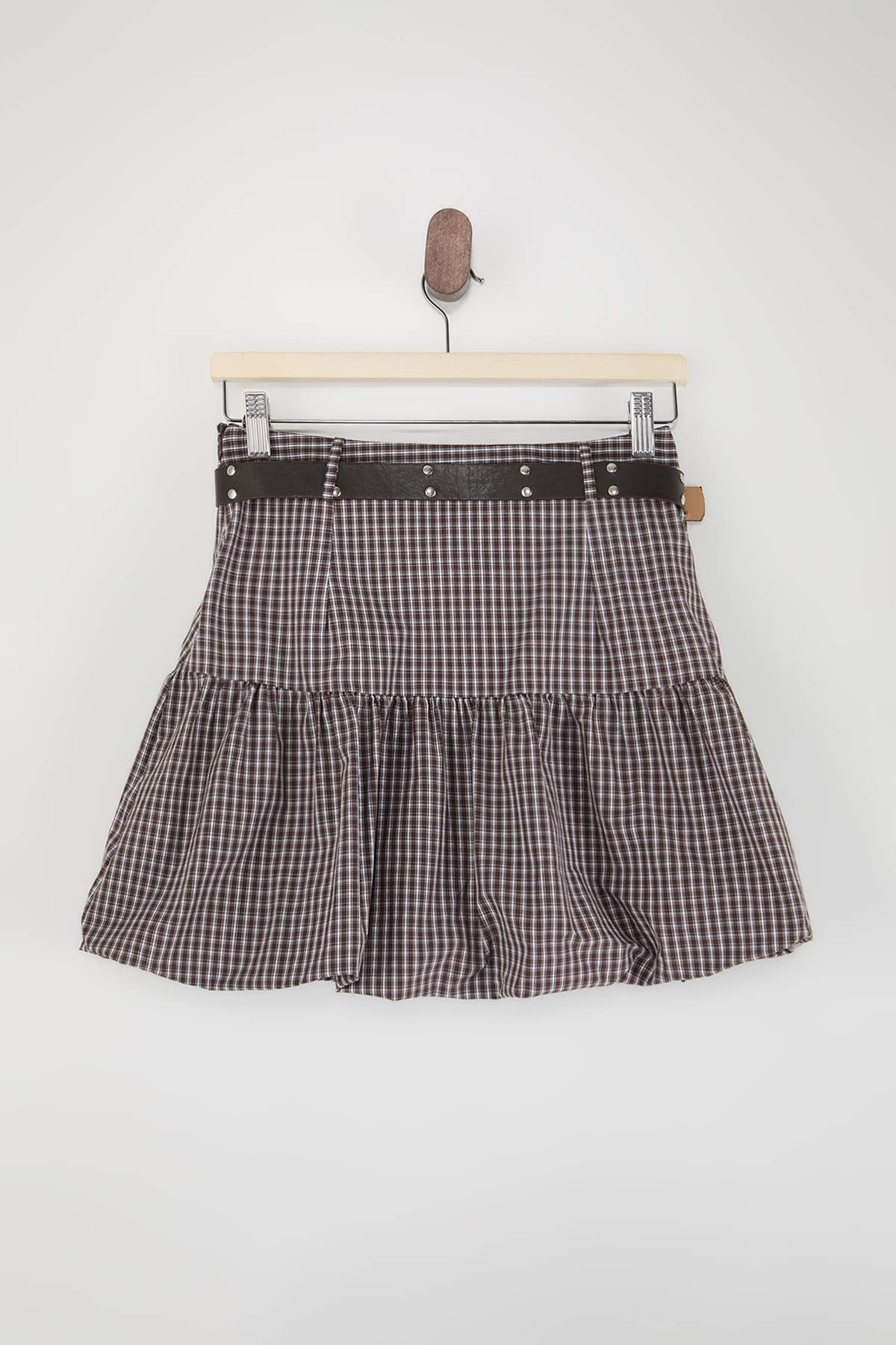 Trendyolmilla  Kahverengi-Çok Renkli Mini Ekoseli Kemerli Balon Etek TWOSS26ET00157 - Görsel 7