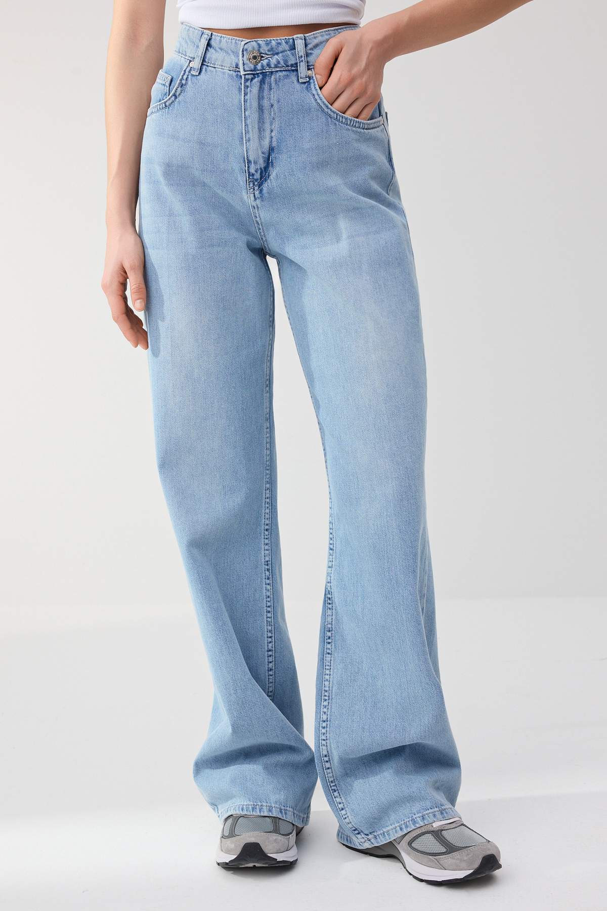 Trendyolmilla  Trendyolmilla Wardrope Essentials Açık Mavi DÖKÜMLÜ Yüksek Bel Wide Leg Jeans TWOSS26JE00128 - Görsel 3