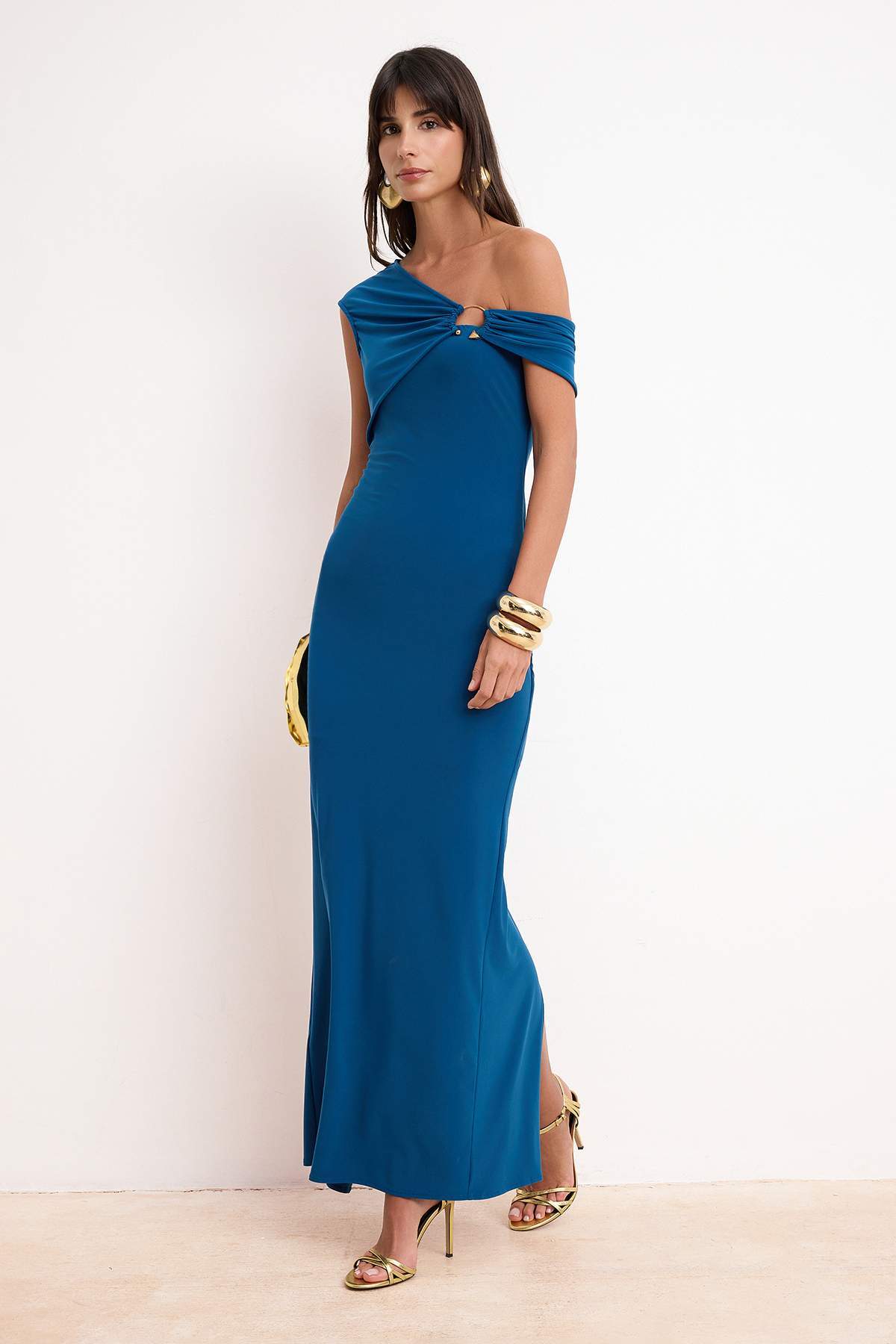 Trendyolmilla Petrol Büzgü / Drape Detaylı Saten Maxi Abiye & Mezuniyet Elbisesi TPRSS26AE00016