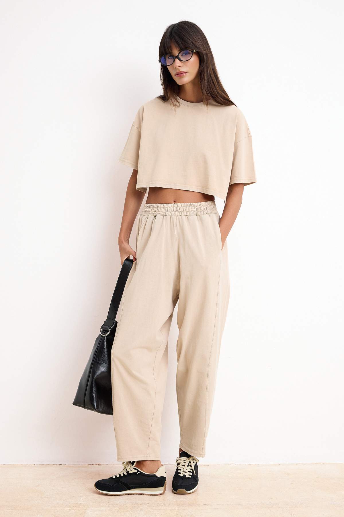 Trendyolmilla  Taş Relaxed Düşük Kol Kısa Kollu Tok %100 Pamuk Örme Alt-Üst Takım TWOSS26AU00120