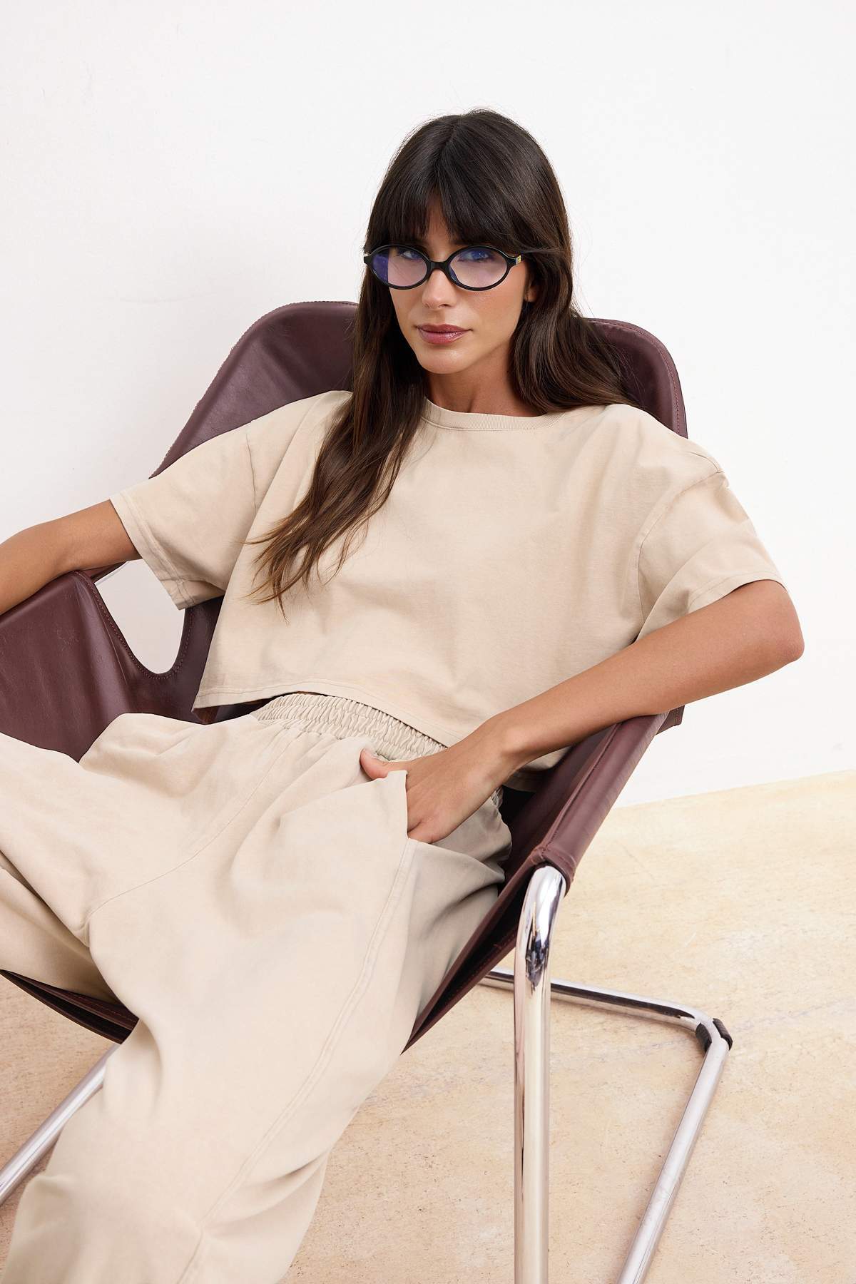 Trendyolmilla  Taş Relaxed Düşük Kol Kısa Kollu Tok %100 Pamuk Örme Alt-Üst Takım TWOSS26AU00120 - Görsel 2