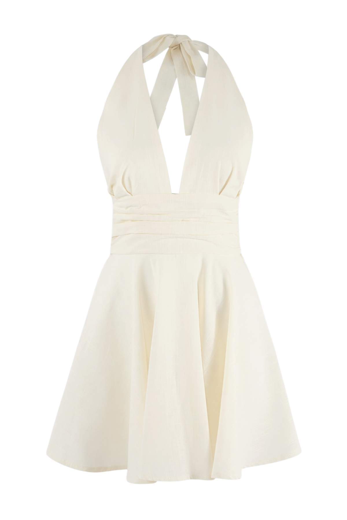 Trendyolmilla  Ekru Dokuma V Yaka Süper Mini Büzgü Detaylı 100% Pamuk Plaj Elbisesi TBESS26EL00030 - Görsel 4