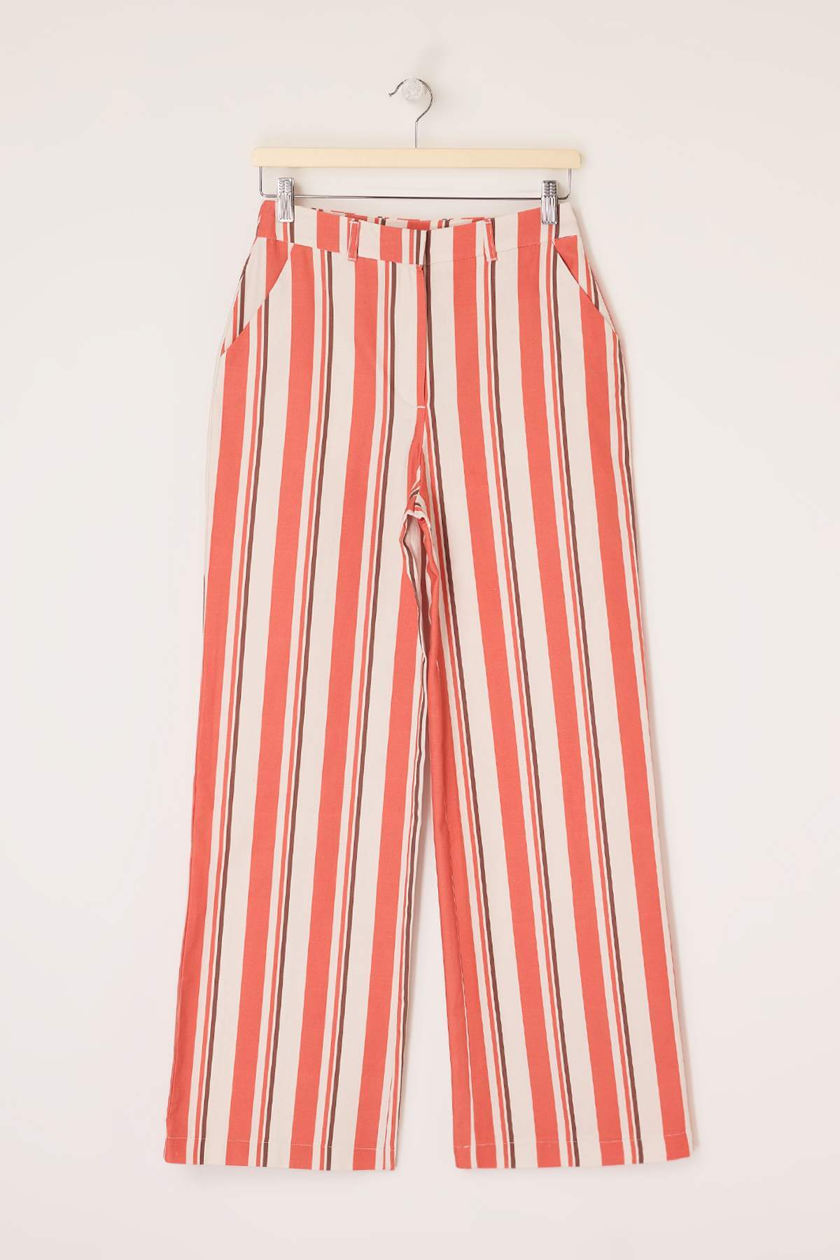 Trendyolmilla  Kırmızı-Çok Renkli Gabardin Çizgili Desenli Wide Leg/Geniş Paça Pantolon TWOSS26PL00085 - Görsel 7