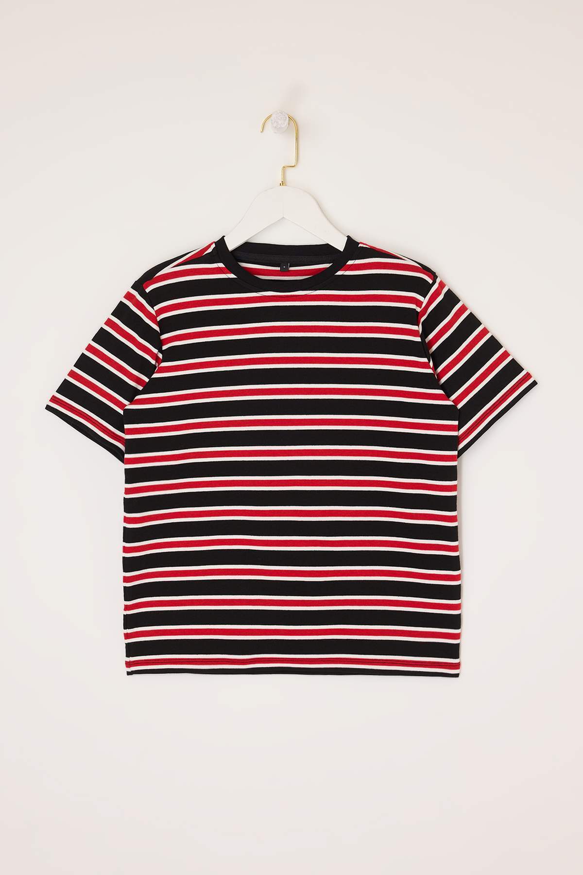 Trendyolmilla  Kırmızı Çizgili Regular/Normal Kalıp Kısa Kollu Tok %100 Pamuk Vatkalı Örme T-Shirt TWOSS26TS00031 - Görsel 5