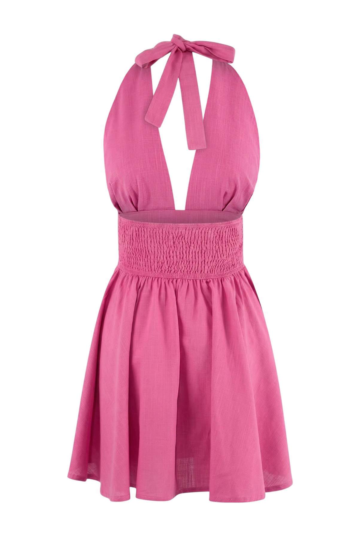 Trendyolmilla  Fuşya Dokuma V Yaka Süper Mini Büzgü Detaylı 100% Pamuk Plaj Elbisesi TBESS26EL00030 - Görsel 5