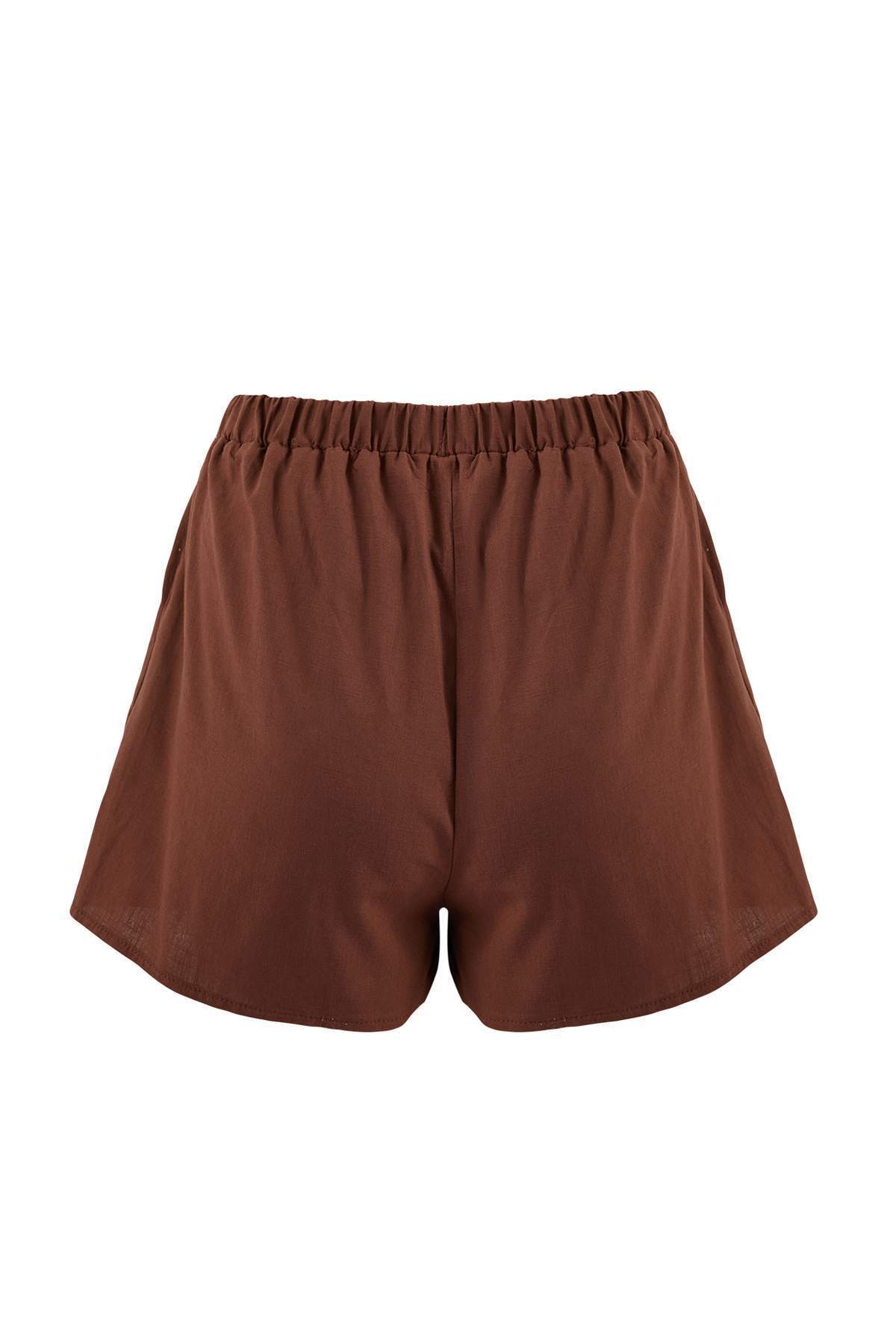 Trendyolmilla  Kahverengi Dokuma Bağlama Detaylı Plaj Mini Yüksek Bel Bluz-Şort Takım TBESS25AU00049 - Görsel 6