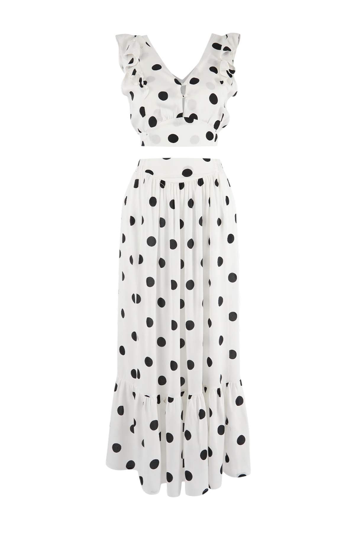 Trendyolmilla  Puantiyeli Dokuma Volanlı Plaj Bluz-Etek Takım TBESS19BB0102 - Görsel 4