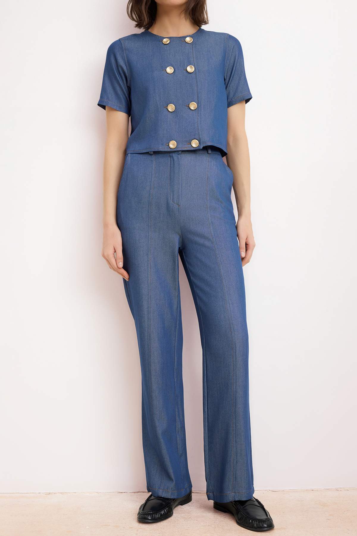 Trendyolmilla  Indigo Gömlek Pantolon Dokuma Alt - Üst Takım TWOSS26AU00055 - Görsel 3