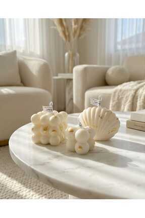LUMİNA Gold Detaylı Soya Wax Dekoratif 3’lü Mum Seti – İstiridye & Bubble Mumlar