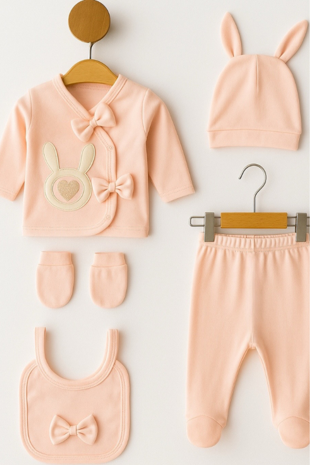 Bamoola for Babies Organik Kız Bebek Tavşan Desenli 5'li Tulum Hastane Çıkışı Yenidoğan Kıyafet Mama Önlüğü fotoğrafı 2 (önizleme)