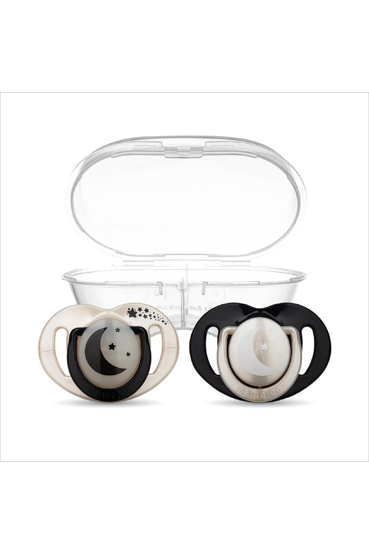 Mamajoo Ortodontik Emzik Seti 0 Ay+ Pearl & Black | İkili, Silikon, Damaklı | Sterilizasyon & Saklam