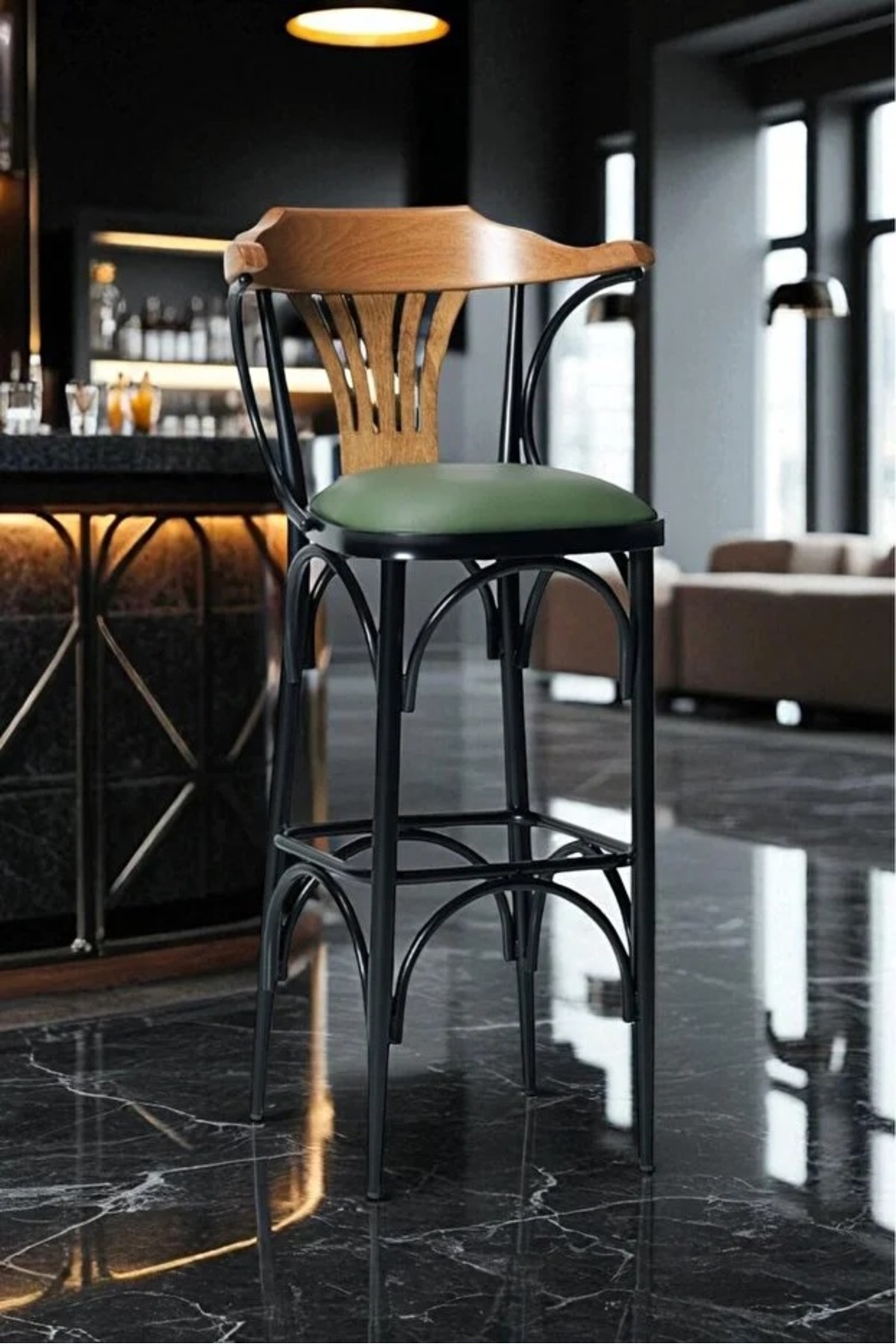 Dengema Bar Chair Green-Brown-T169/75 (Seating Height 75cm) Metal Skeleton Wooden Armrest