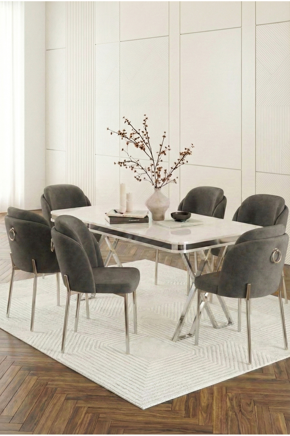Rigella Max Chrome 80x130 MDF Fixed Table Metal Leg + 6 Erasable Chairs DARK GRAY