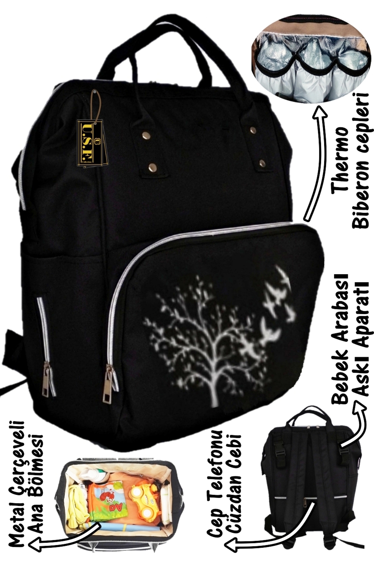 USF Anne Bebek Bakım Sırt Çantası Organizatör Fonksiyonel Termal Biberon Gözlü, Su Geçirmez Kumaş fotoğrafı 3 (önizleme)