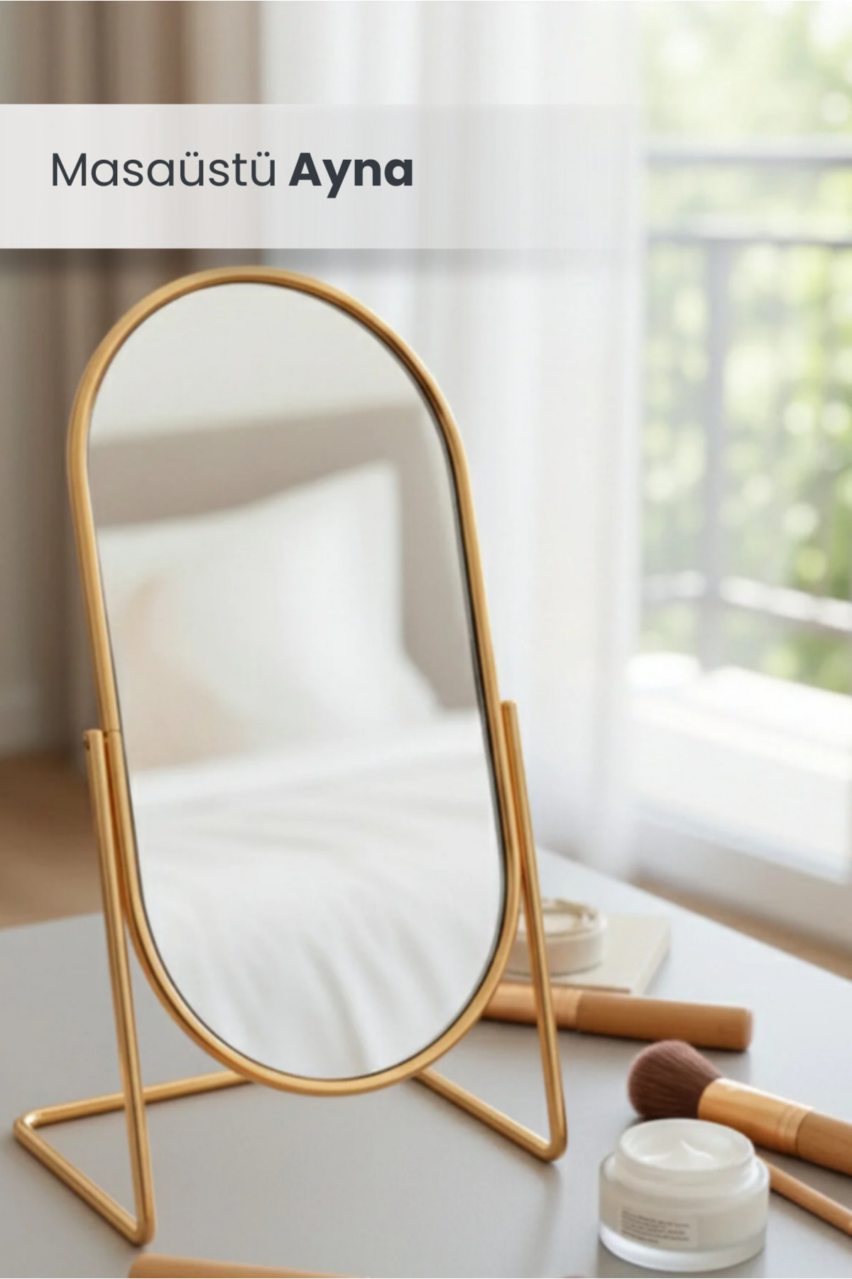 Gold Metal Table Top Makeup Mirror – Oval Decorative Design, Stylish Desktop Mirror