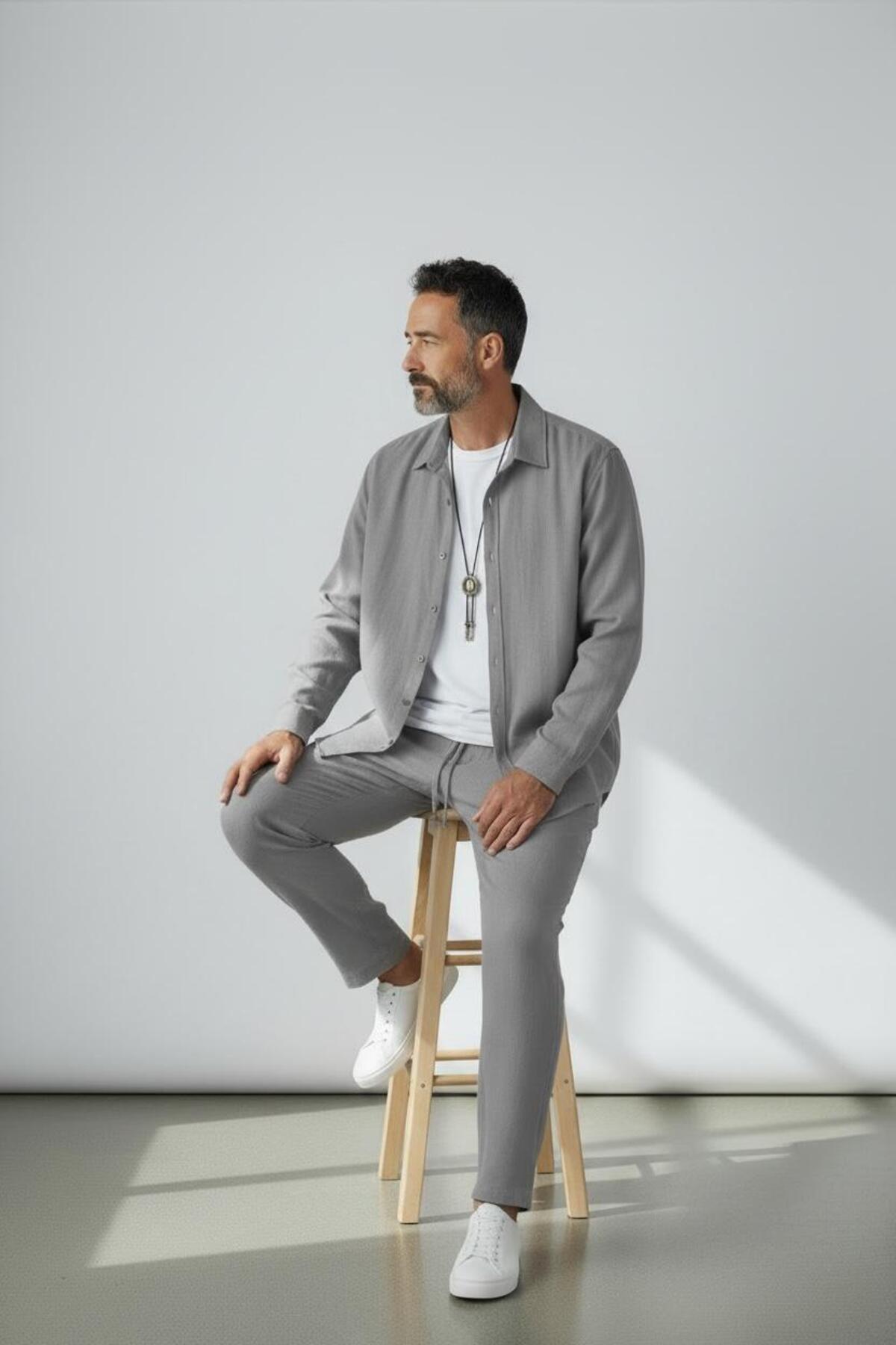 Altamira  Erkek Duman Gri Uzun Kollu Gömlek Pantolon Bürümcük Eşofman Takım - Görsel 3