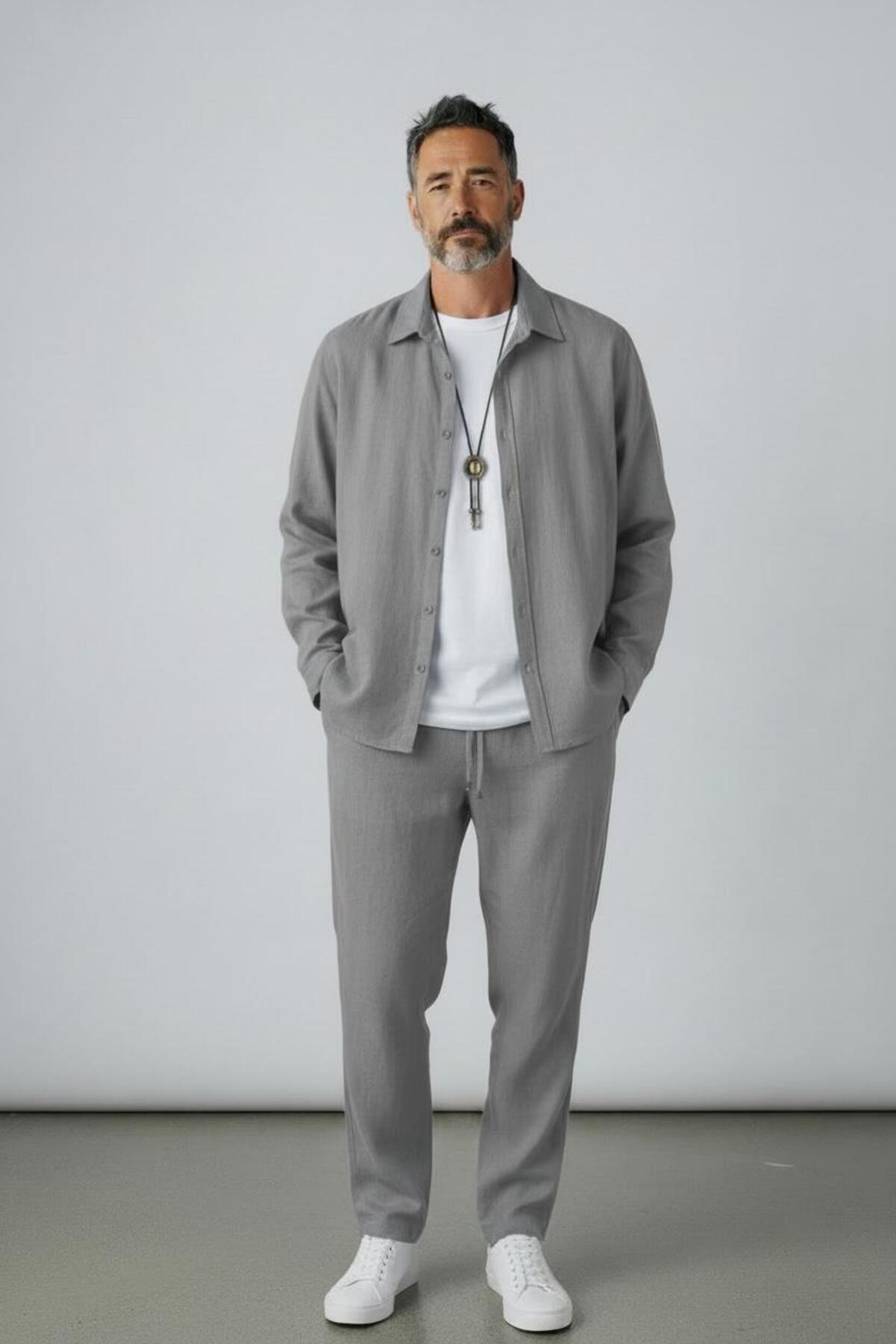 Altamira  Erkek Duman Gri Uzun Kollu Gömlek Pantolon Bürümcük Eşofman Takım