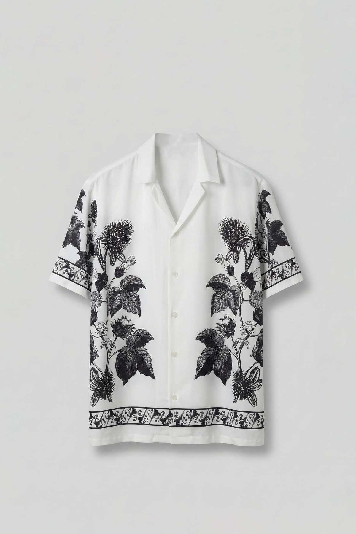 Men's Oversize Motif Cuban Neck Short Sleeve Shirt Ecru