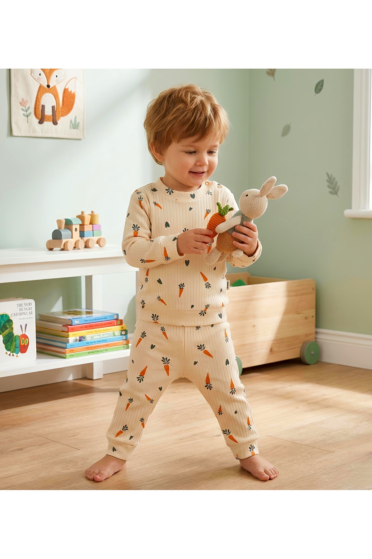 Nexvora Omuzdan Çıtçıtlı Havuç Baskılı Raporlu Bebek Pijama Takımı 6 9 12 Ay fotoğrafı 3 (önizleme)