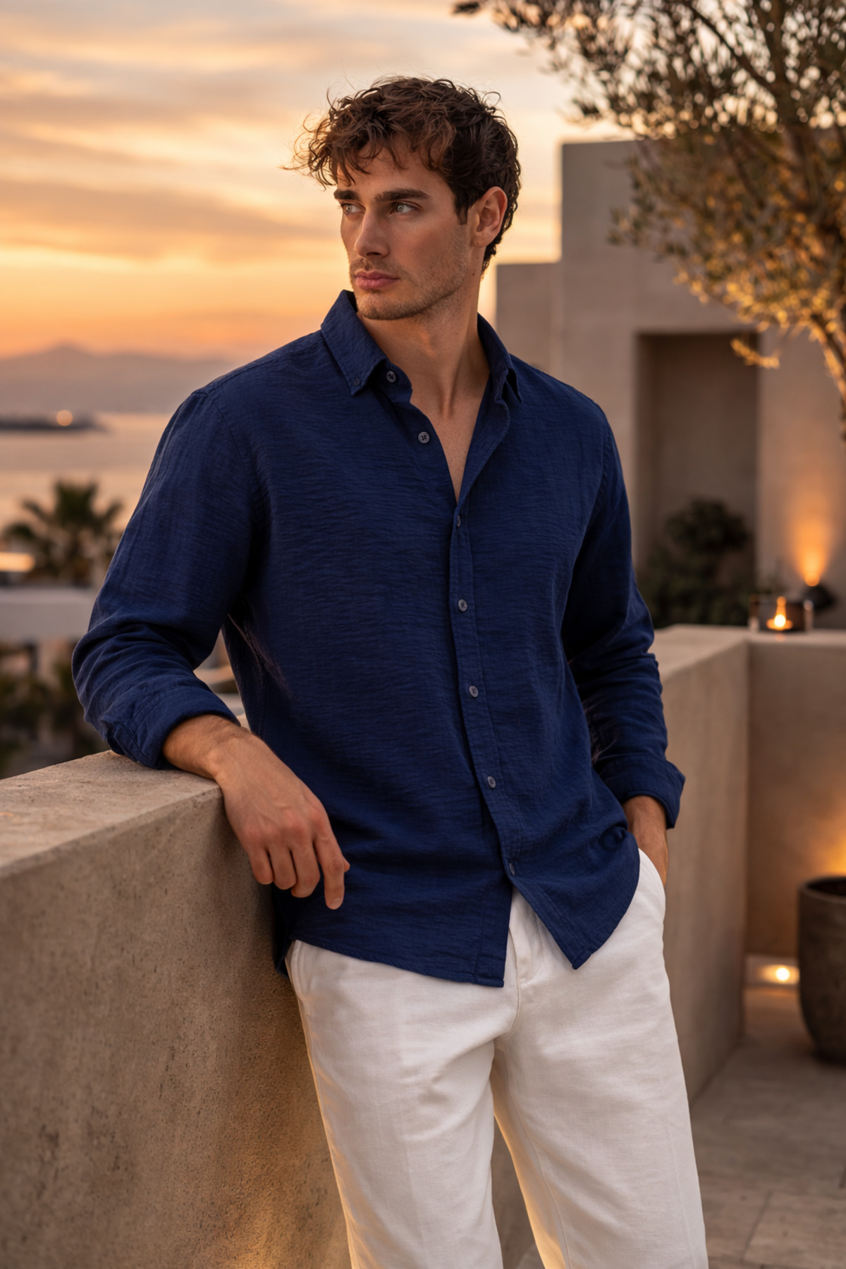 Valiberta  Pera Kumaş Keten Görünümlü Yarım Oversize Uzun kollu Erkek Gömlek - Lacivert