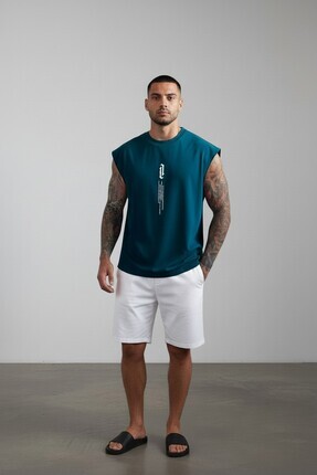 Altamira Erkek Petrol Mavi Dikey Baskılı Kolsuz Oversize T-shirt