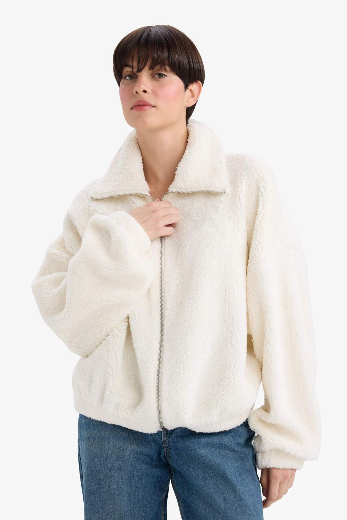 Defacto  Oversıze Polo Yaka Welsoft Pelüş Hırka C8229AX24WN - Görsel 4