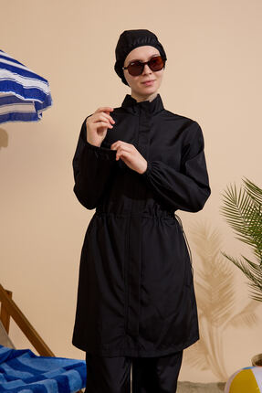 Lantana Design Nua Düz Fermuarlı Siyah Tesettür Mayo Üstü (TEKLİ) - Hediye Ça...