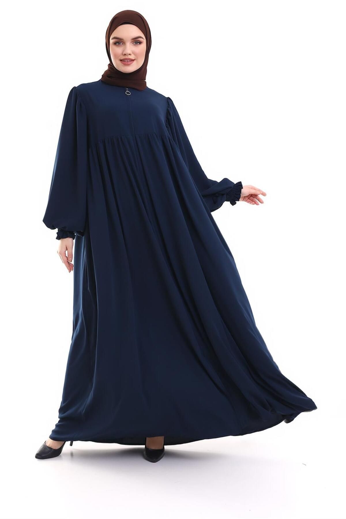 Yoke Detailed Balloon Sleeve Cast Ponçik Abaya Navy Blue