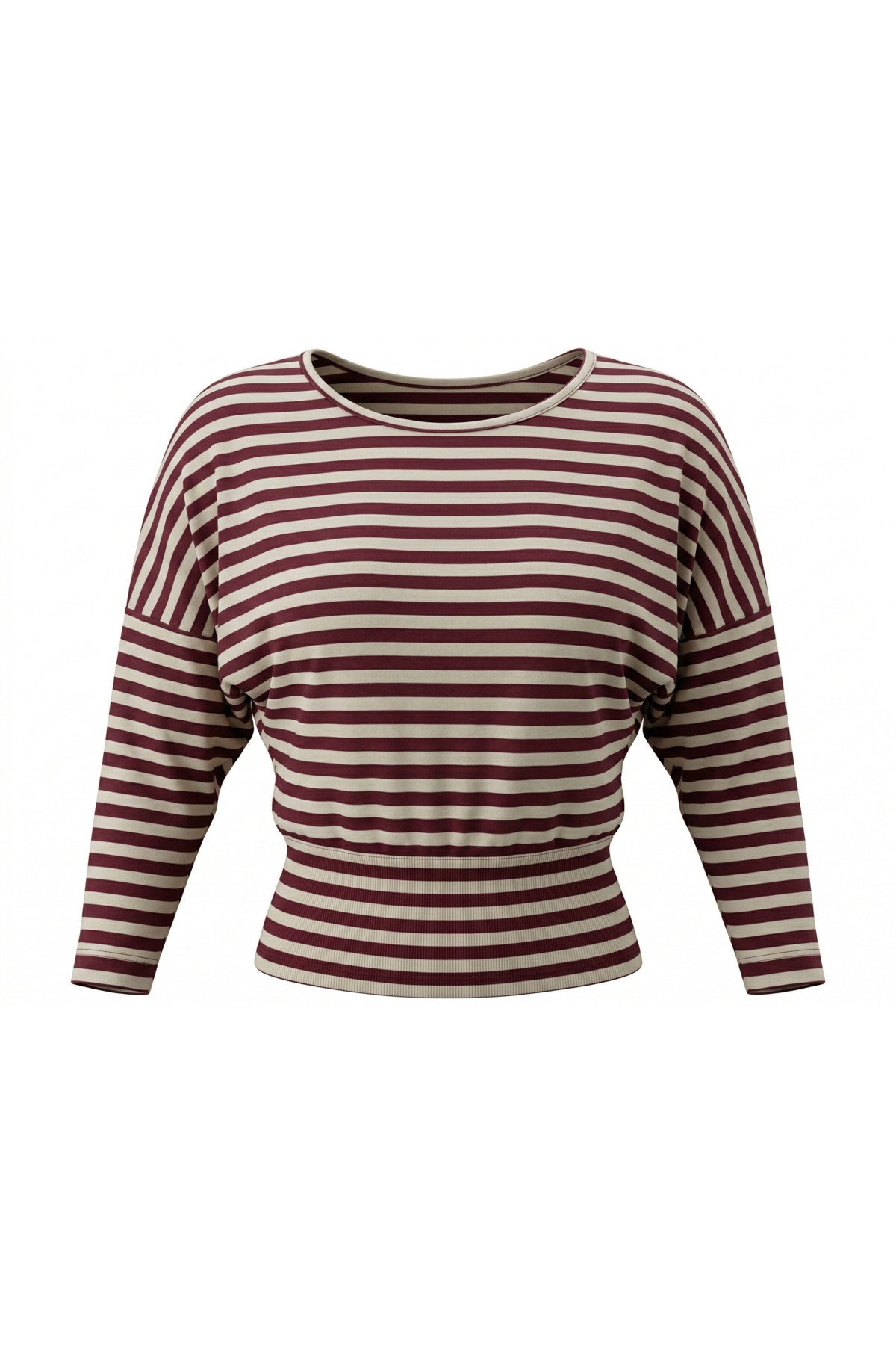 Nuzrk Kadın Esnek Kumaşlı Belden Vücuda Oturan Uzun Kollu Yarasa Model Detaylı Çizgili Bluz T-Shirt görsel 8
