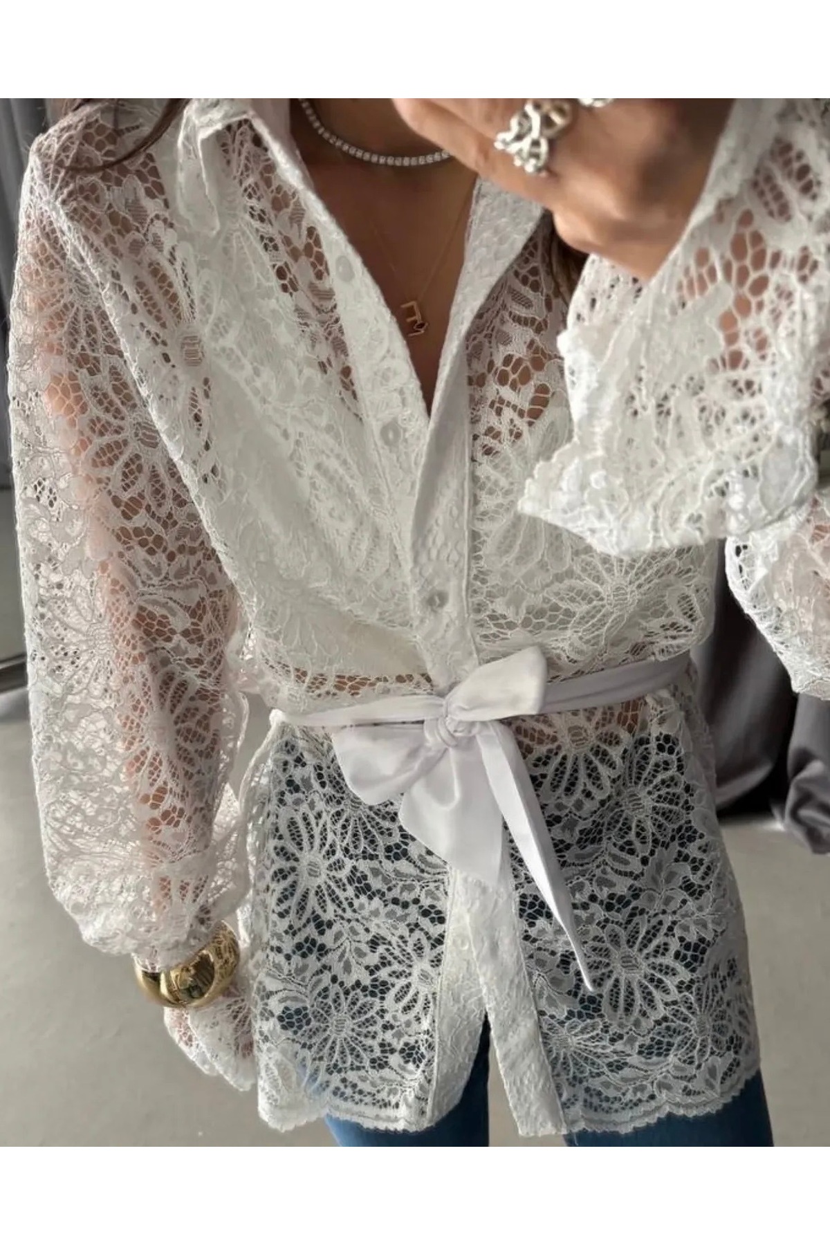 Be Best  Kadın Beyaz Güpürlü Uzun Kemerli Dantel Gömlek BE381 - Görsel 3