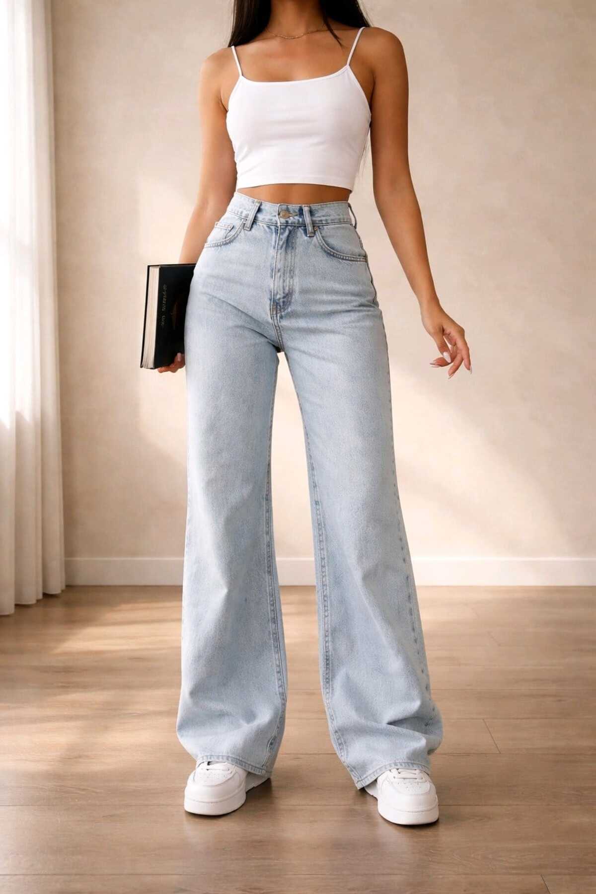 Ramrod  Angel Buz Mavi Kar Yıkama Power Likralı Süper Yüksek Bel Salaş Jeans Palazzo Pantolon - Görsel 3