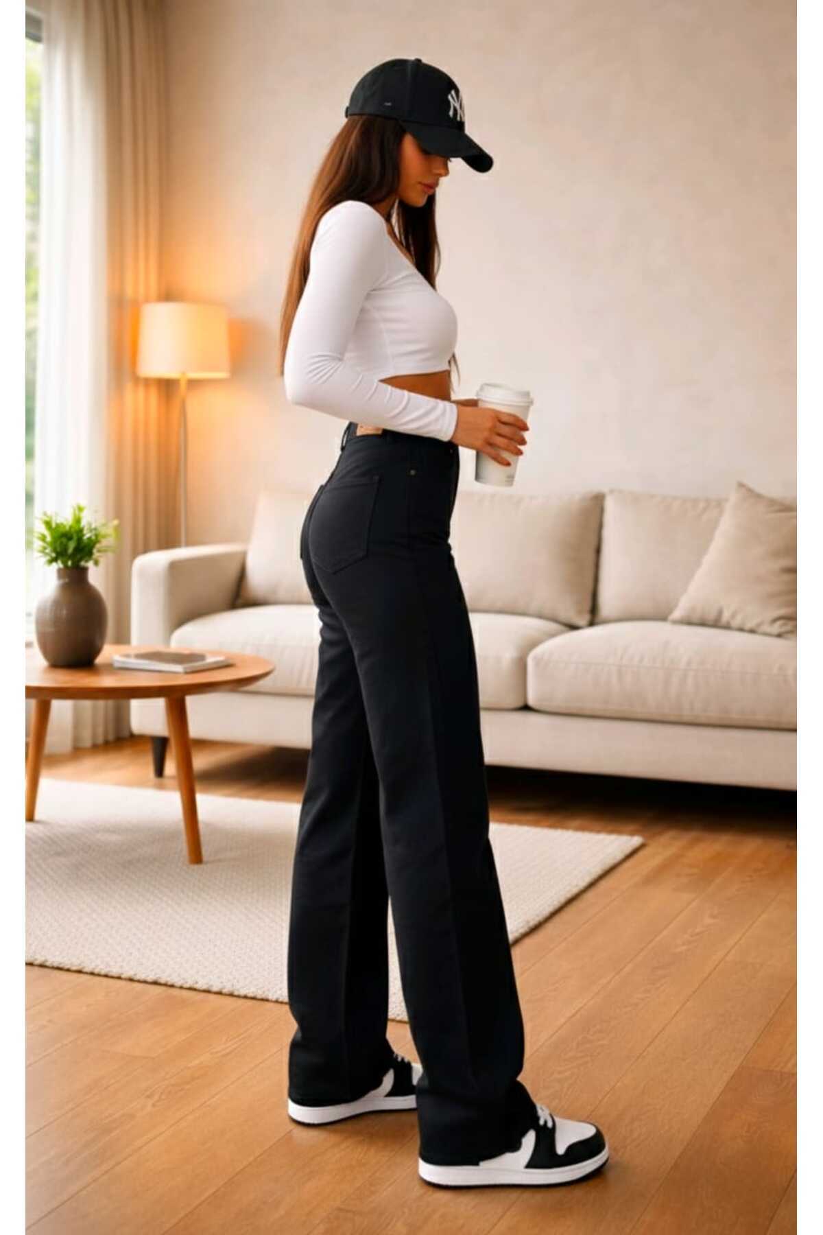 Ramrod Milano Extra Yüksek A.c.a.i.p S.o.l.m.a.z Siyah Salaş Jeans Palazzo Pantolon (SÜPER YÜKSEK SOLMAYAN) görsel 4