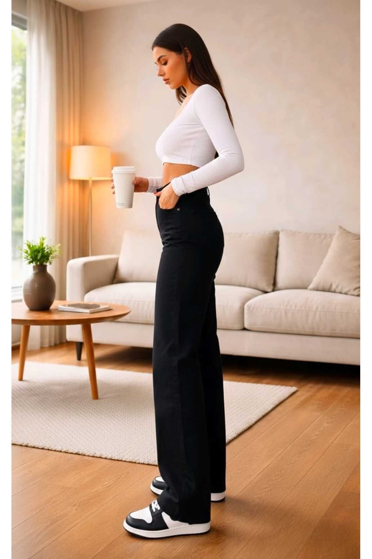 Ramrod Liza Siyah Likralı Süper Yüksek Bel Salaş Jeans Palazzo Pantolon. (SÜPER YÜKSEK) Wide Leg görsel 6