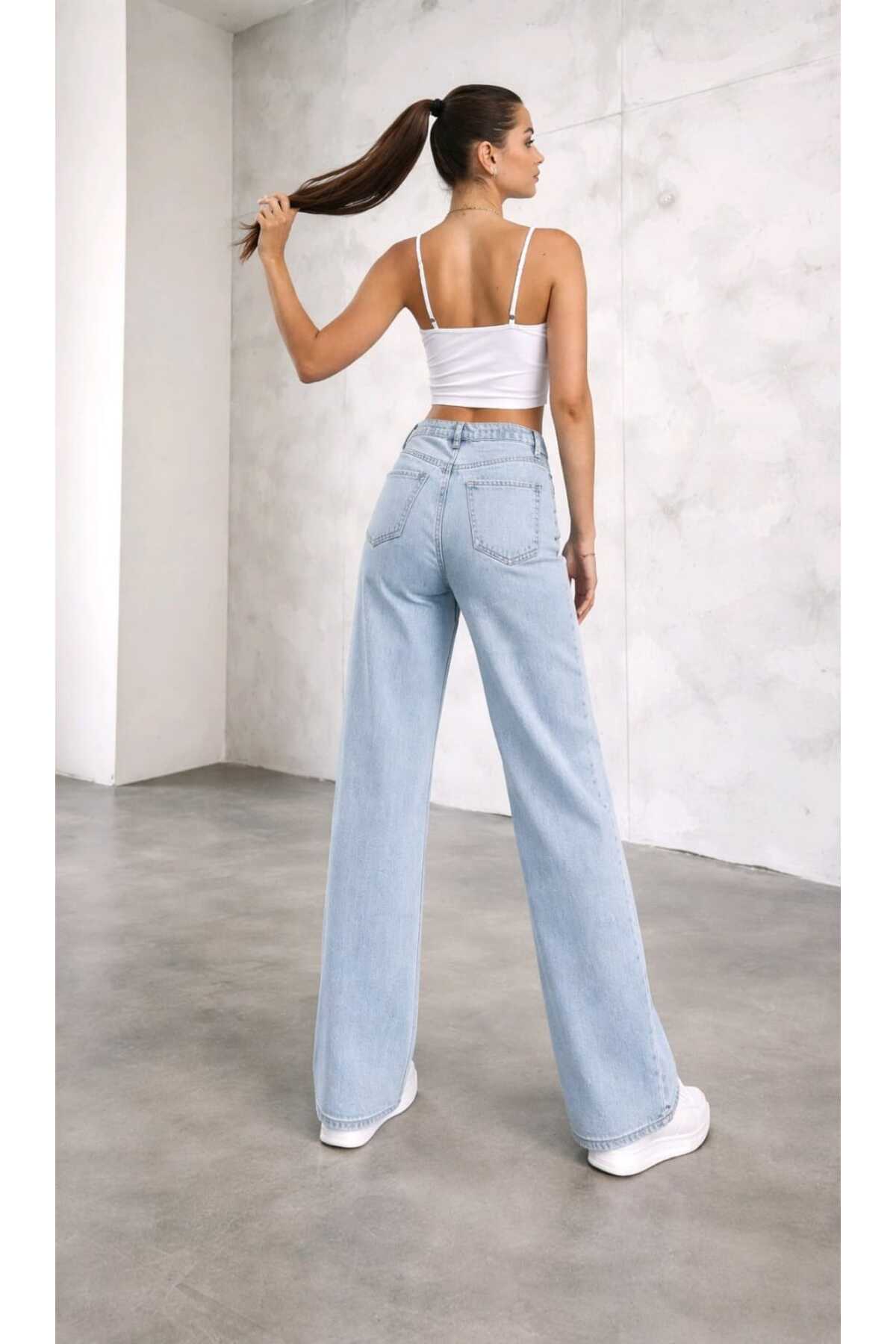 Ramrod My End 90's Kar Yıkama Mavi Likralı Süper Yüksek Bel Salaş Jeans Palazzo Pantolon görsel 5