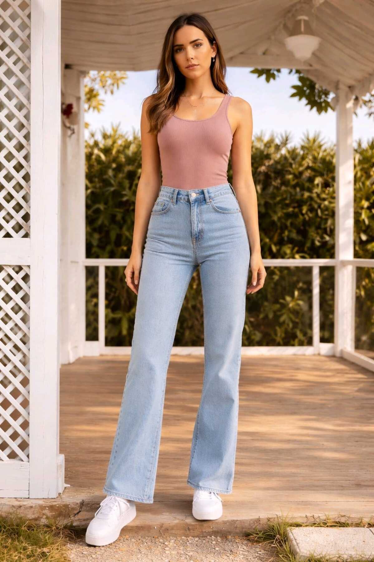 Ramrod  Ela 90's Mavi Kar Yıkama Likralı Süper Yüksek Bel Salaş Paça Jeans Palazzo Pantolon - Görsel 6