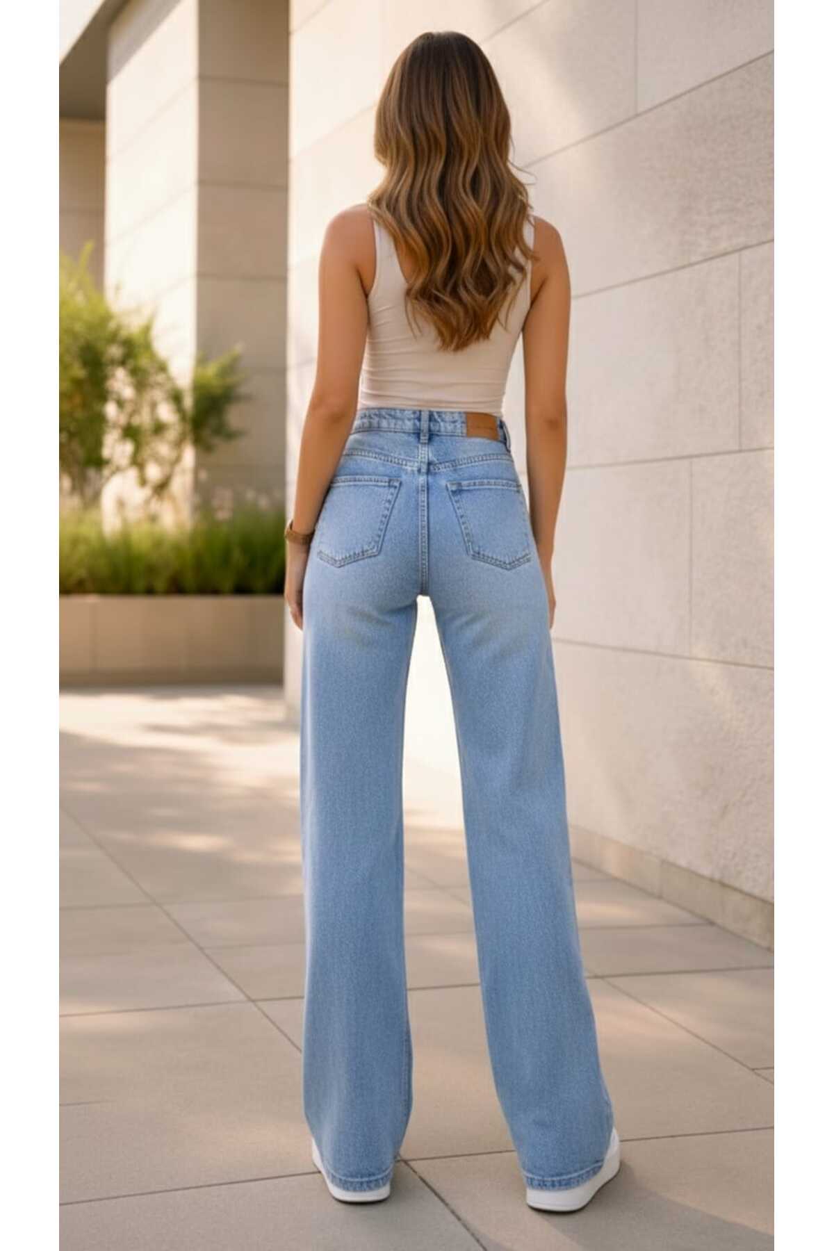 Ramrod  Clara 90's Kar Yıkama Mavi Likralı Süper Yüksek Bel Salaş Jeans Palazzo Pantolon - Görsel 6