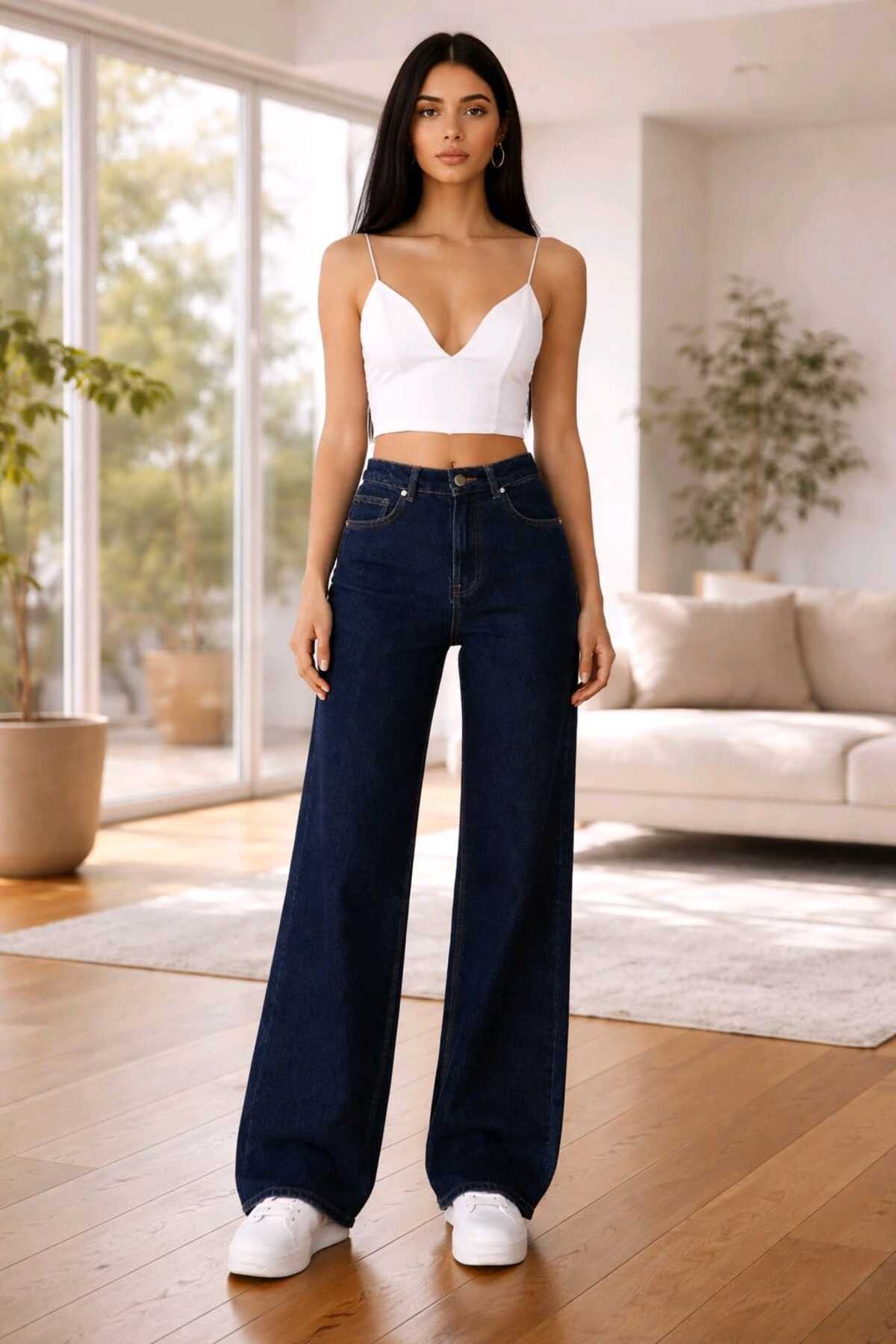 Ramrod  Camelia 90's Lacivert Likralı Süper Yüksek Bel Salaş Jeans Palazzo Pantolon - Görsel 3